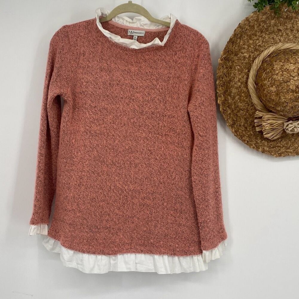 Neiman Marcus Ruffle Neck Sweater Layered Soft Marled Knit Pink Small